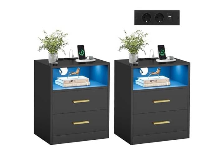 VASAGLE Nachttisch mit Ladestation, 2er Set, LED-Beleuchtung, Schubladen Beistelltisch, modern, 2 AC-Steckdosen und USB-Anschlüssen, tintenschwarz, CUSTOS Kollektion LET829BC01