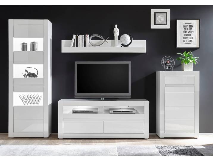 Wohnwand HOME AFFAIRE Carat , weiss (weiß, weiß hochglanz), B:302cm, Kastenmöbel-Sets, Wohnwand, wird jeweils mit zwei Leisten angeliefert, 1 x grau, 1 x weiss