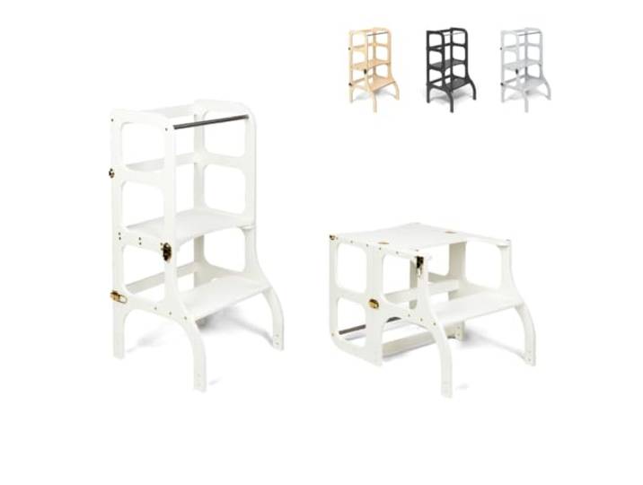 Ette Tete STEP'n'SIT® Wandelbare Montessori Lernturm + Tisch, 2 in 1 (Weiß, mit goldenen Verschlüssen)