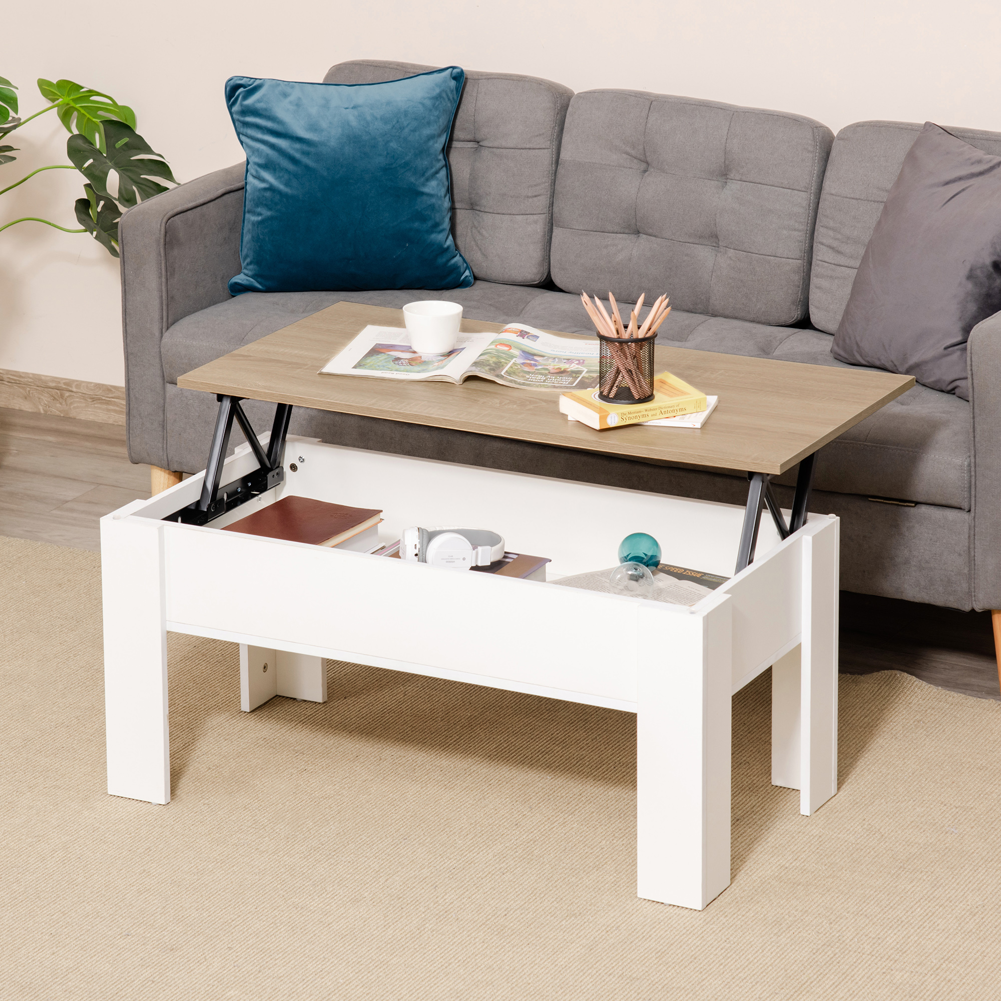 Homcom Tavolino con piano sollevabile, tavolino da soggiorno con spazio di archiviazione nascosto, stile moderno, per soggiorno, ufficio, 100x50x45cm, bianco   Aosom Italy