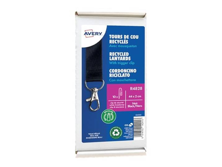 Avery R4828 10 tours de cou recyclés avec mousqueton\, 44 × 2 cm\, Noir 10 tours de cou recyclé Noir\, 44 × 2 cm