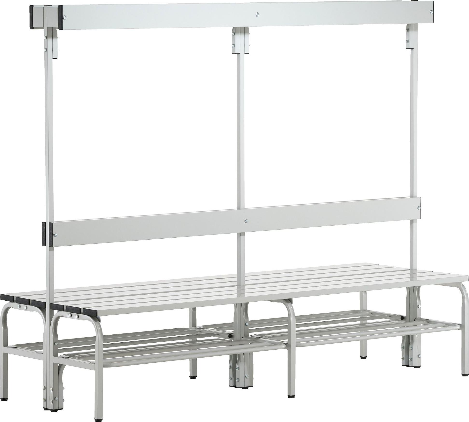 Doppelseitige Garderobenbank, Hakenleiste, mit Schuhrost, Edelstahl/Alu, TxH 725x1650 mm, Länge 1500 mm, RAL 7035