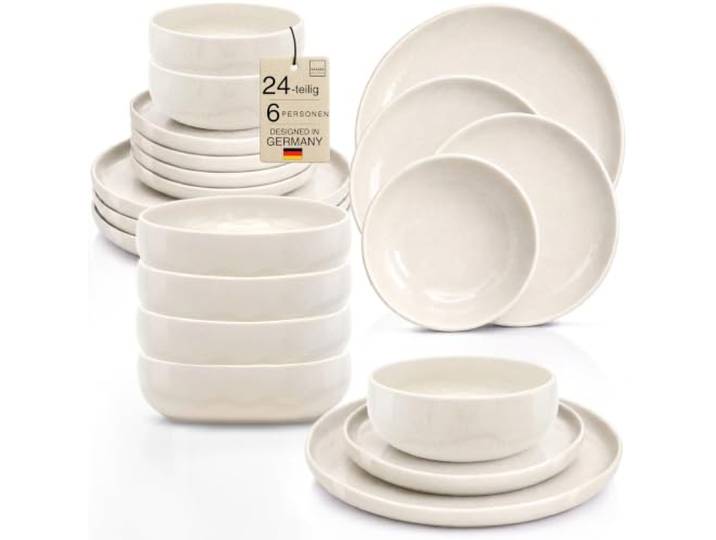 SÄNGER Milos Steingut Geschirr Set 24 tlg für 6 Personen 6x Speiseteller, Dessertteller, Müslischalen & Pastaschalen Tafelservice Hellbeige Geschirrset modern
