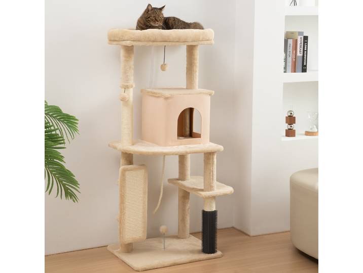 PawHut Arbre à Chat 132cm avec Lit Maison et Brosse Beige