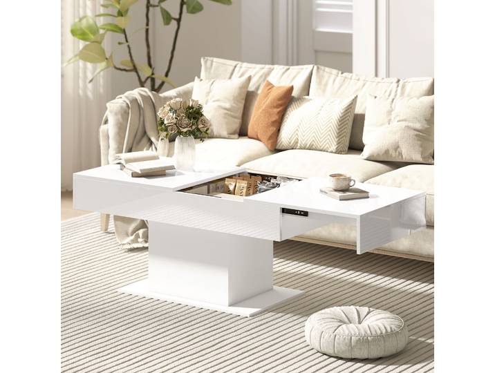HOMCOM Table Basse Extensible Blanc Laqué avec Rangement