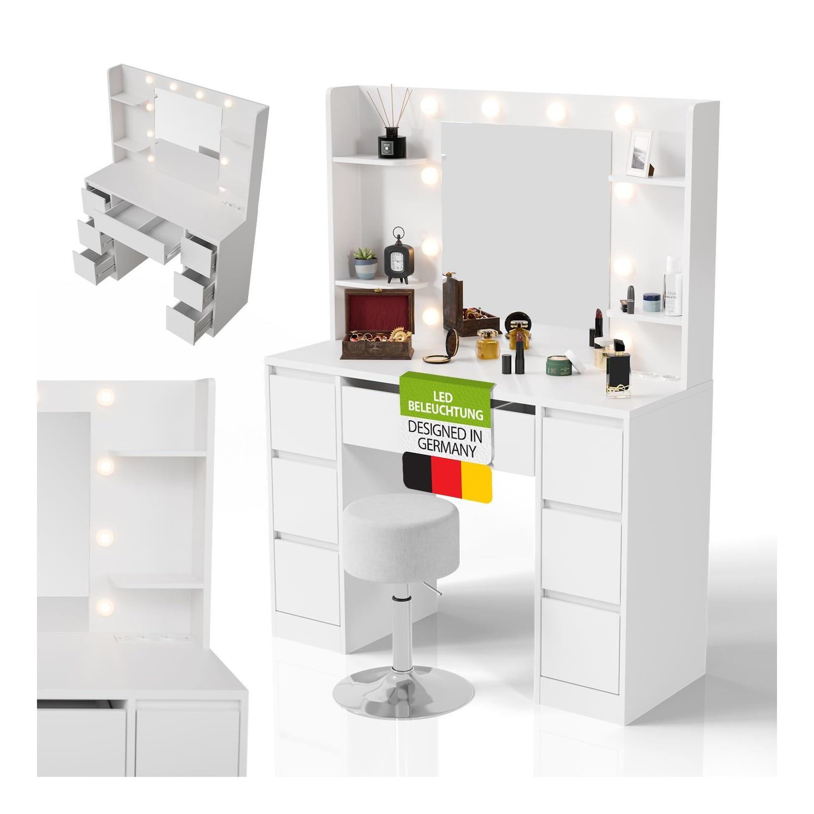 Juskys Schminktisch Malia und Hocker Tonia mit LED-Licht, Helligkeit & Farbtemperatur individuell einstellbar, viel Stauraum & Spiegel – Weiß