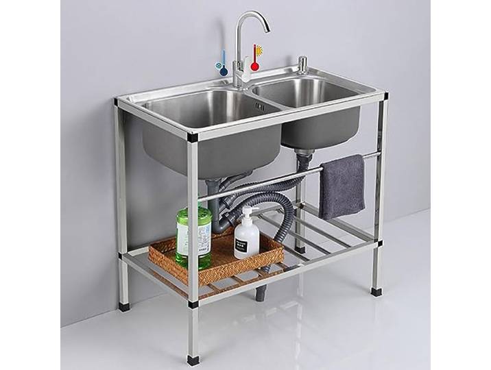 ZQFHSX Gewerbliches Spülbecken für Küche, Gastronomie und Catering, Edelstahl, Doppelbecken mit Warm- und Kaltwasserhahn, Ablagefach, 2 Fächern, Restaurant/Café