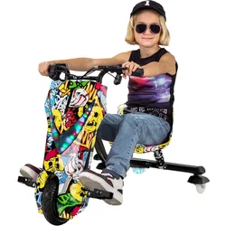 Elektro-Drift-Trike für Kinder, Drift-Scooter 2.0, bis zu 15km/h, drosselbar, Hupe, LED-Driftrollen (Gelb Graffiti)