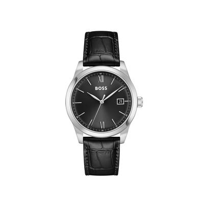 Quarzuhr BOSS "LANGFORD", schwarz (schwarz, schwarz), Armbanduhren, Herren, silberfarben, Quarzuhr, Armbanduhr, Damenuhr, Herrenuhr, Lederarmband, analog, Tag