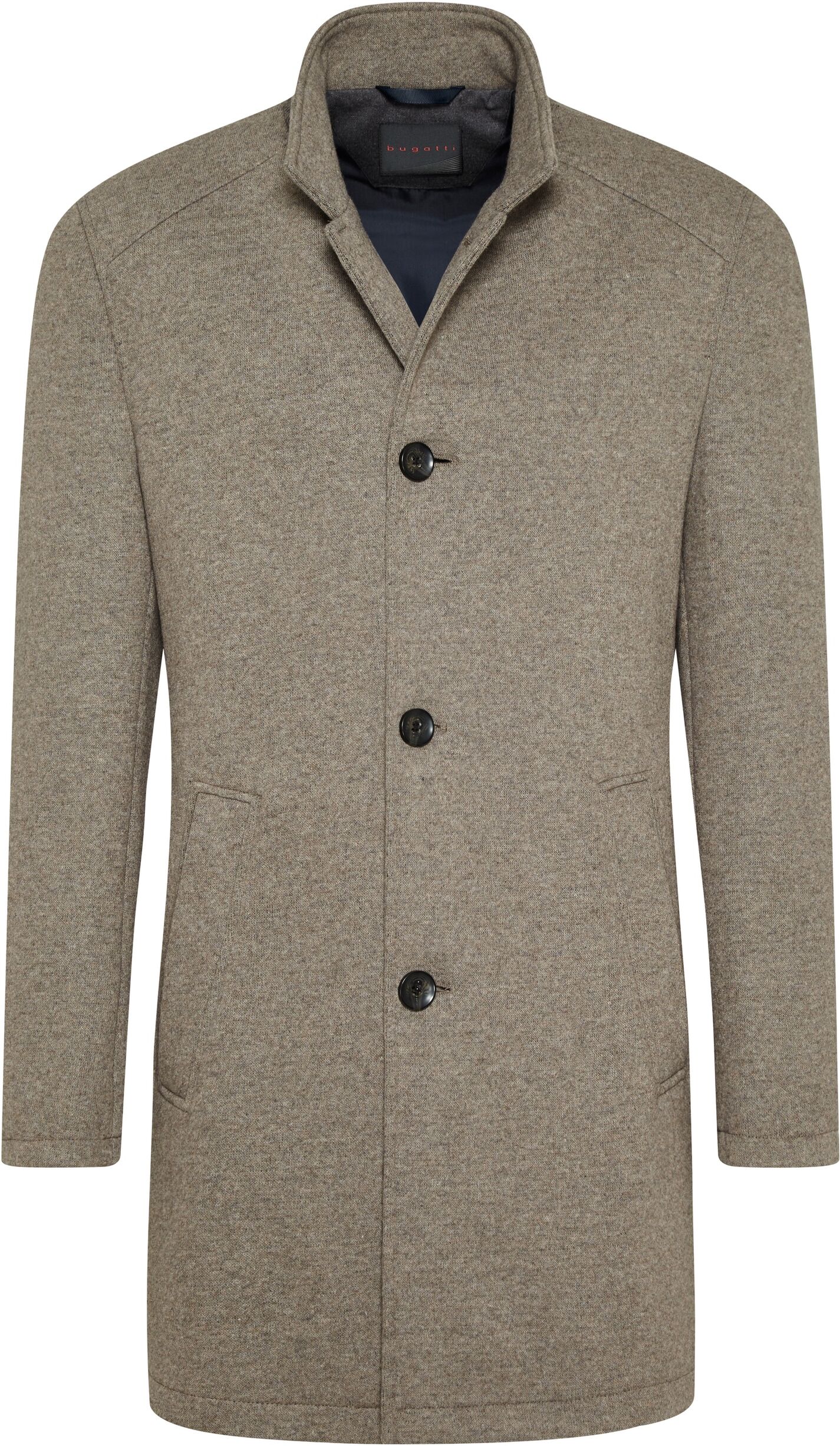 Wollmantel BUGATTI, Herren, Gr. 58, grau (taupe), 49% Polyester, 40% Wolle, 11% Viskose, unifarben, slim fit, normaler Saum, Mäntel Wollmantel, im klassischen Design taupe 58