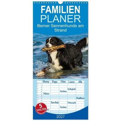 Familienplaner 2027 - Berner Sennenhunde am Strand mit 5 Spalten (Wandkalender, 21 x 45 cm) CALVENDO