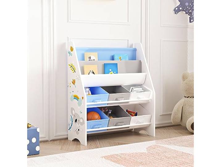 [en.casa] Kinderregal Ponteceso Bücherregal mit 2 Ablagefächern Spielzeugregal 6 Boxen Bücherkiste mit Koala-Motiv Weiß Grau Blau Kinderzimmer Organizer