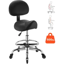 VEVOR Sattelhocker 226,8 kg, Rollhocker Höhenverstellbar, Bürohocker mit Rückenlehne, Fußstütze & Leiser Rollen, Sitzfläche aus PU-Leder, 360° Drehbar, Ideal für Salon, Spa, Bar, Arztpraxis