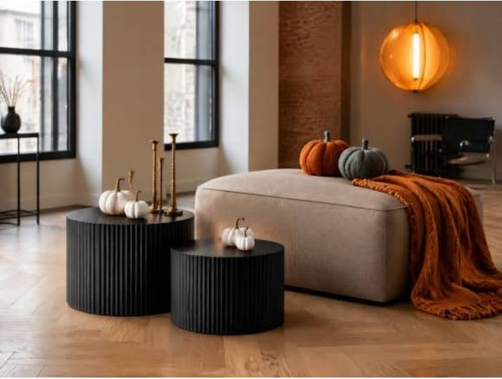 Set Beistelltisch Set + Fußhocker – rund, schwarz, Relief, für Wohnzimmer Beistelltisch Set + Fußhocker, rund, schwarz, Relief-Oberfläche, vielseitig, 2 Jahre Garantie