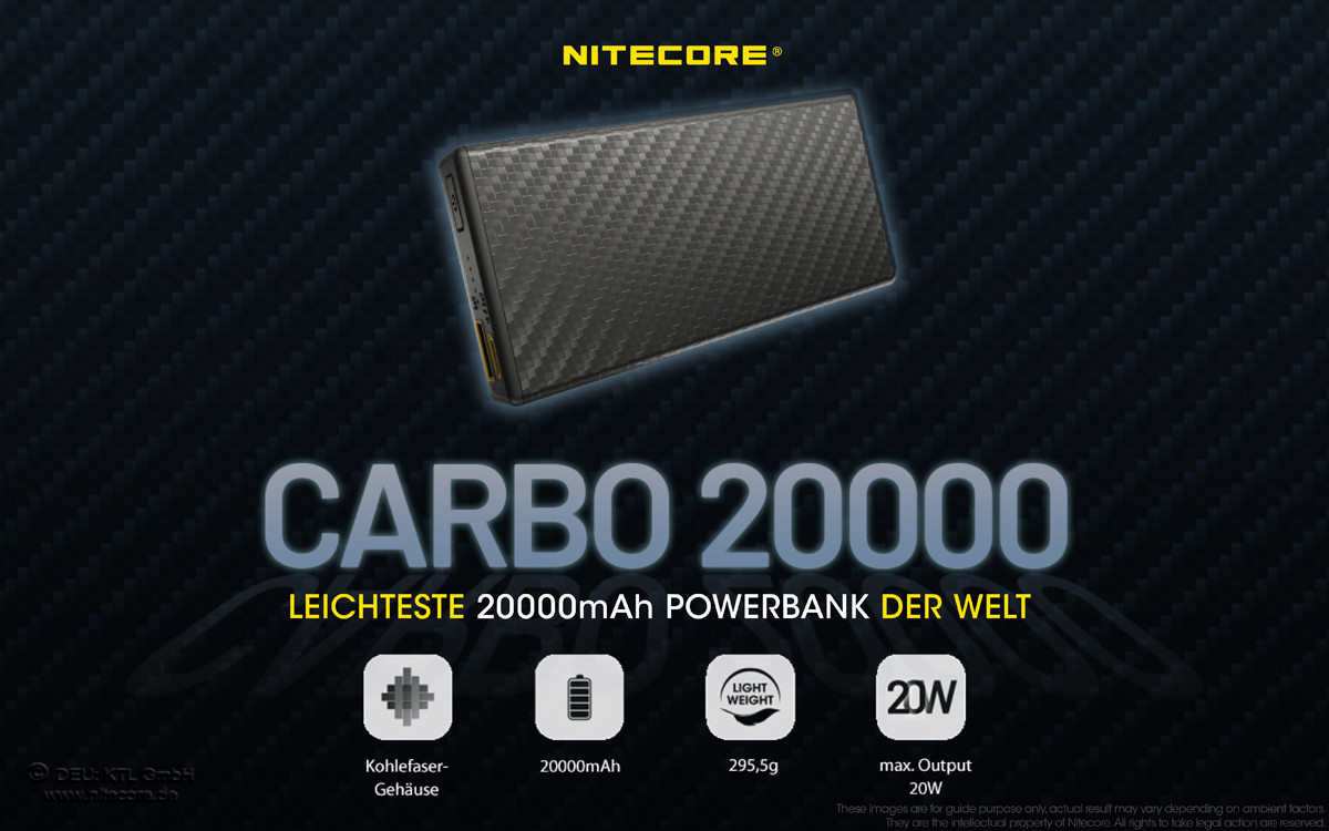 Nitecore CARBO 20000 Powerbank, 20000 mAh, Lithium-ion, 38W Power Delivery, Grijs