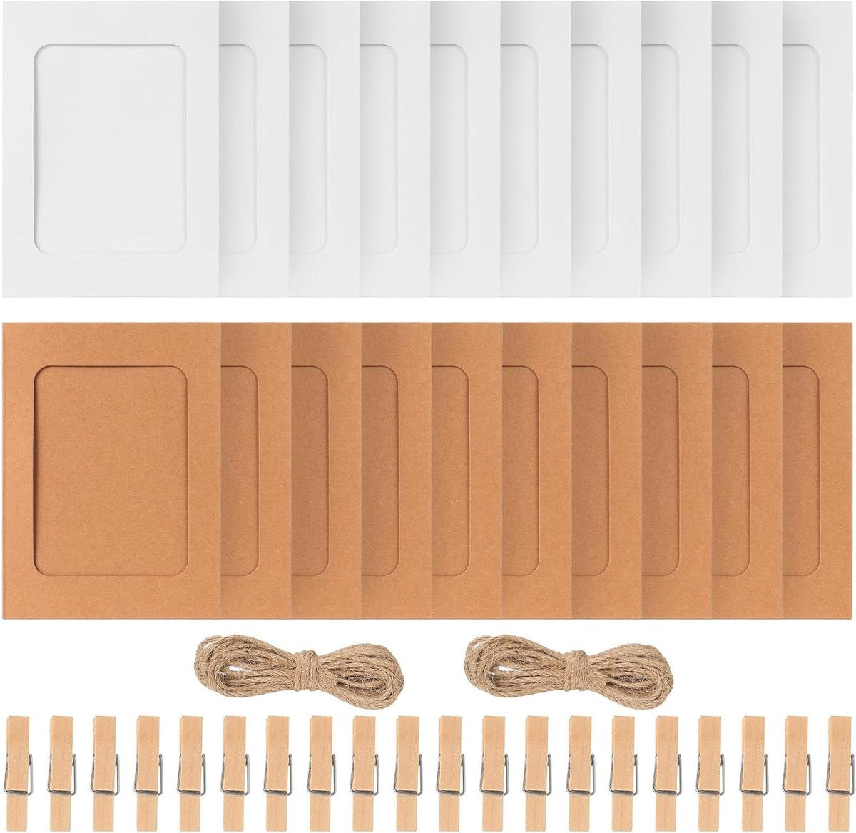 Fotoslinger met klemmen en kraftpapier frames voor muurdecoratie, 20 stuks, zwart wit