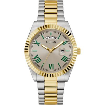 Quarzuhr GUESS "CONNOISSEUR", silber (silberfarben, goldfarben, grau), Armbanduhren, Herren, silberfarben, goldfarben, Quarzuhr, Armbanduhr, Herrenuhr, Datum, Wochentag, Edelstahlarmband