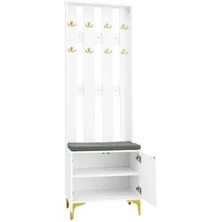 Garderobenset mit Schuhbank und Kissen 60x35x180 in Weiß mit goldenen Akzenten, PUSH-TO-OPEN Mechanismus und verstellbaren Regalen