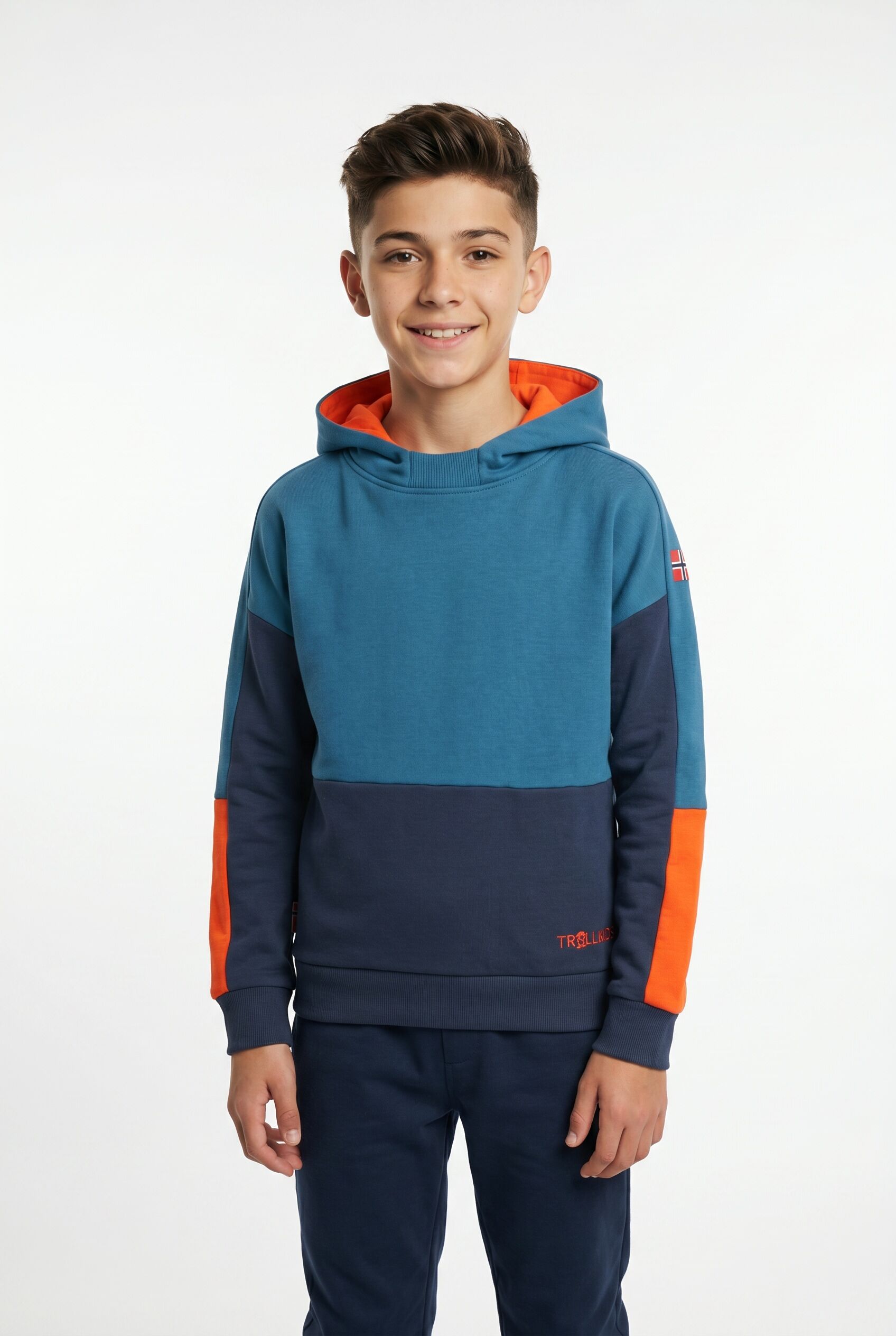 Kapuzensweatshirt TROLLKIDS "KIDS RONDANE SWEATER", Mädchen, Gr. 128, blau (nordic blau, mystic blau, flame orange), Sweatware, Obermaterial: 100% Baumwolle, Rippbündchen, Sweatshirts Kapuzensweatshirt, sportlich, mit farblich passender Fütterung nordic b