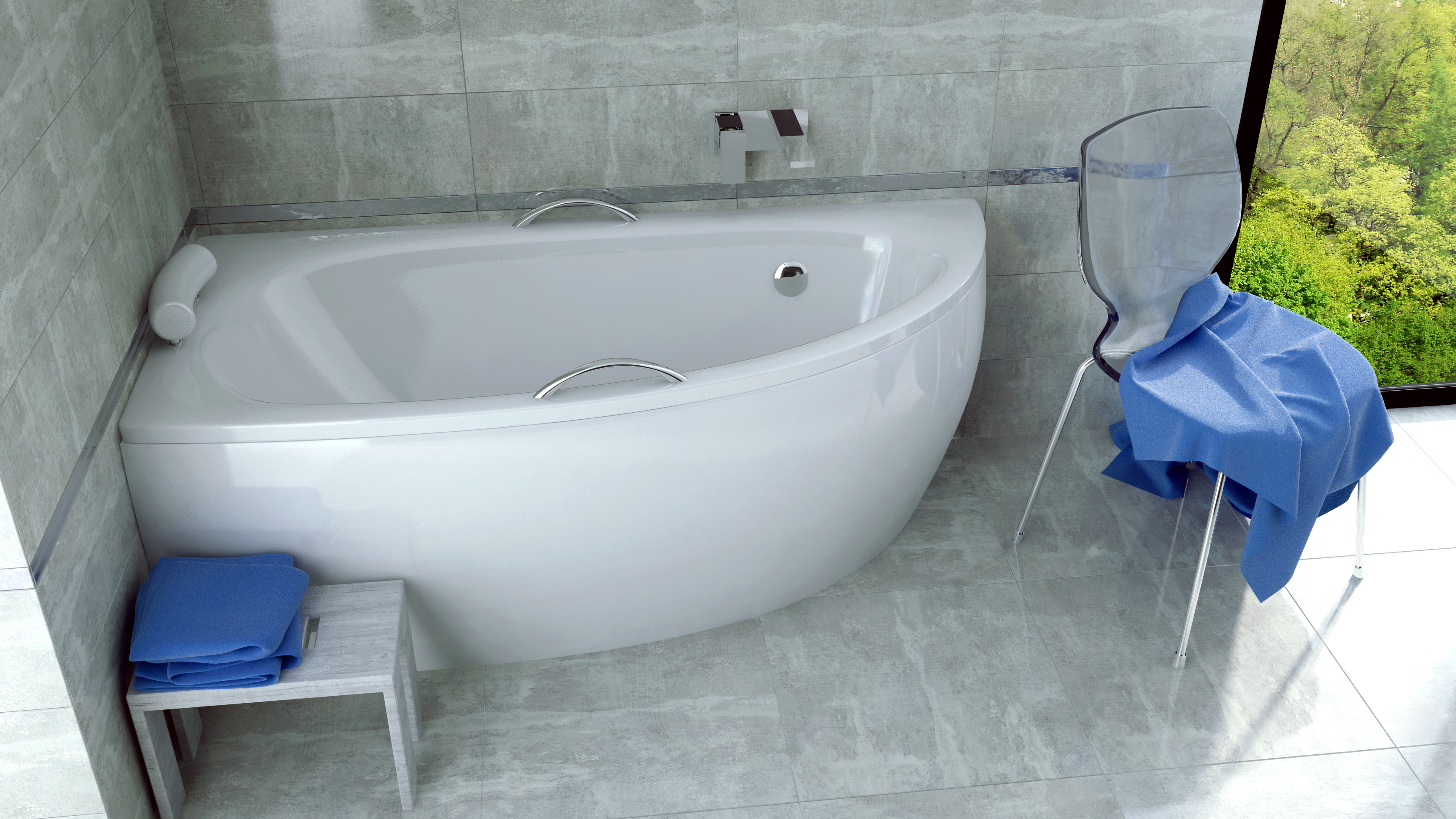 ECOLAM Badewanne Wanne Eckbadewanne Milena Premium Design Acryl weiß 150x70 cm LINKS + Schürze + Kopfstütze + Handgriffe x2