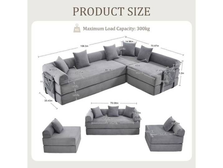 ROVRYN Canapé modulable 4 places gris foncé tissu côtelé poche latérale convertible en couchage d'appoint