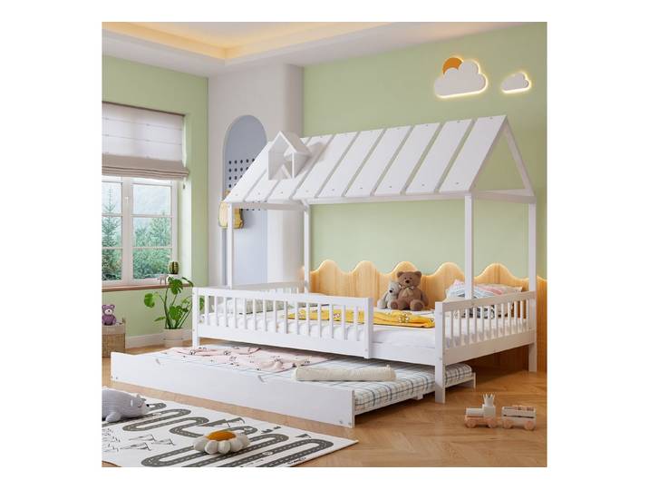 STILVORA Kinderbett mit Rollbett,120x200/190Jugendbett Holzbett mit Dach&3-seitigem Gitter (Jugendbett, mit 3-seitigem Gitter, mit Rollbett, Dach mit Kaminleiste 120x200/190cm), ohne Matratze