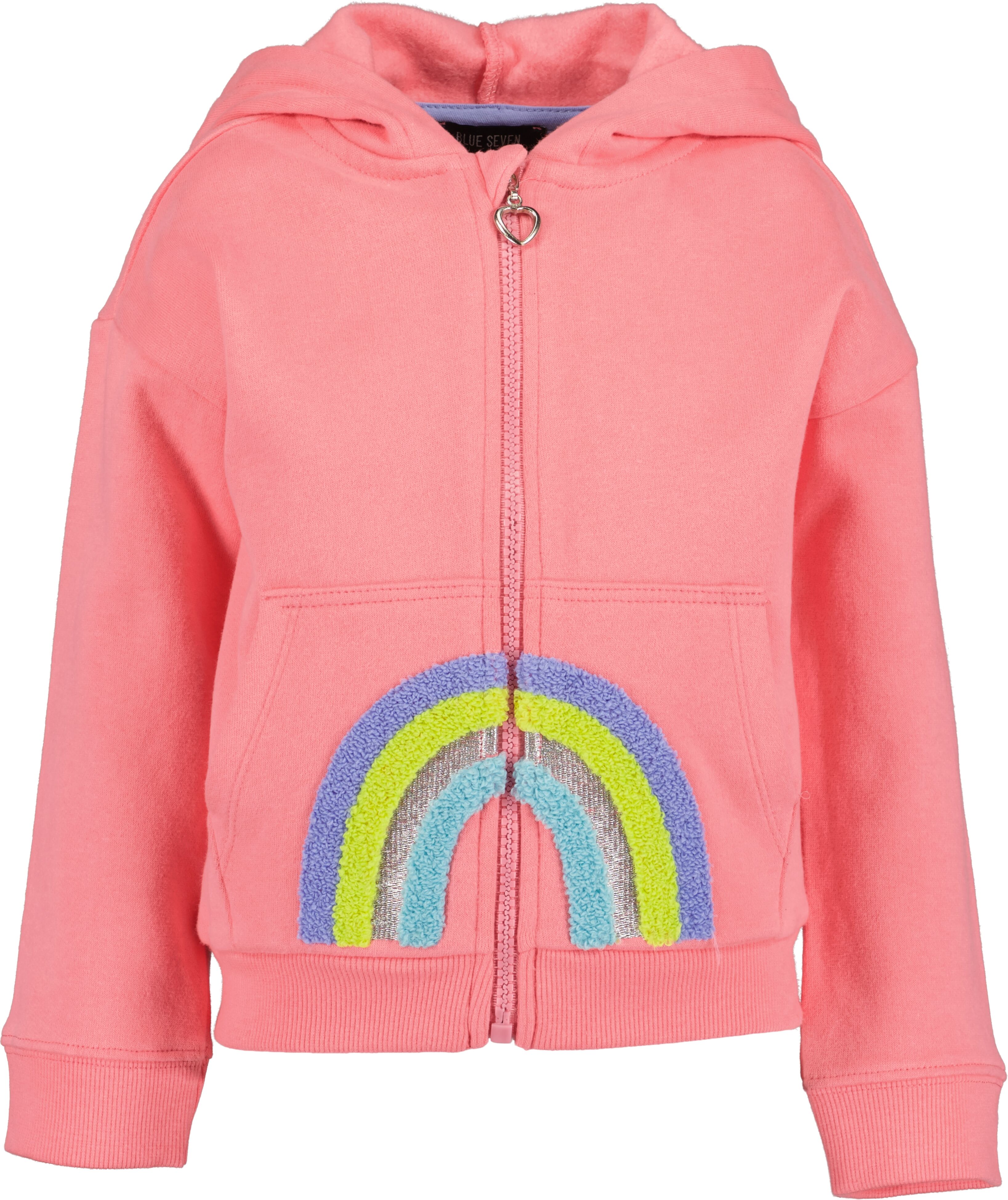 Kapuzensweatjacke BLUE SEVEN, Mädchen, Gr. 104, lachs print, angeraute Sweatware, Obermaterial: 100% Baumwolle, bedruckt, regular fit taillenlang, Rundhals, Rippbündchen, Sweatjacken Kapuzensweatjacke, mit hochwertiger Regenbogen-Stickerei lachs print 104