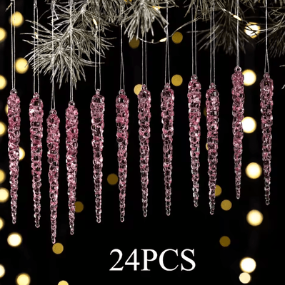 Uplift Curations 24PCS Acrylic Christmas Icicle Ornaments Realistic Hanging Tree Decorations For Winter Decor pink