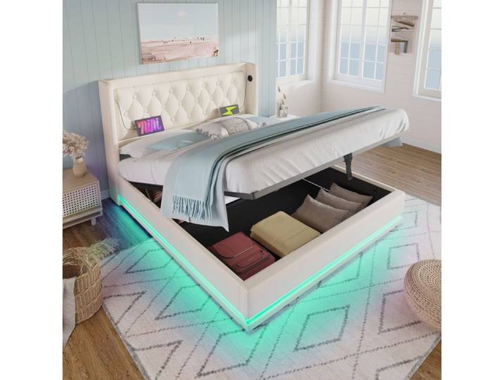 lit coffre double 140 x 200 cm SENVIRO tête capitonnée éclairage LED blanc