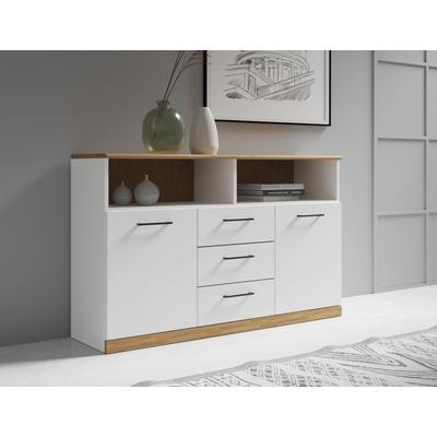 Sideboard OTTO HOME "Ribe,130cm breit,80cm hoch,Oberplatte Holz massiv,6 Fächer", weiß (weis, eiche), B:130cm H:80cm T:35cm, Sideboards, Sideboard, Oberplatte Eiche massiv,schwarze Metall Griffe