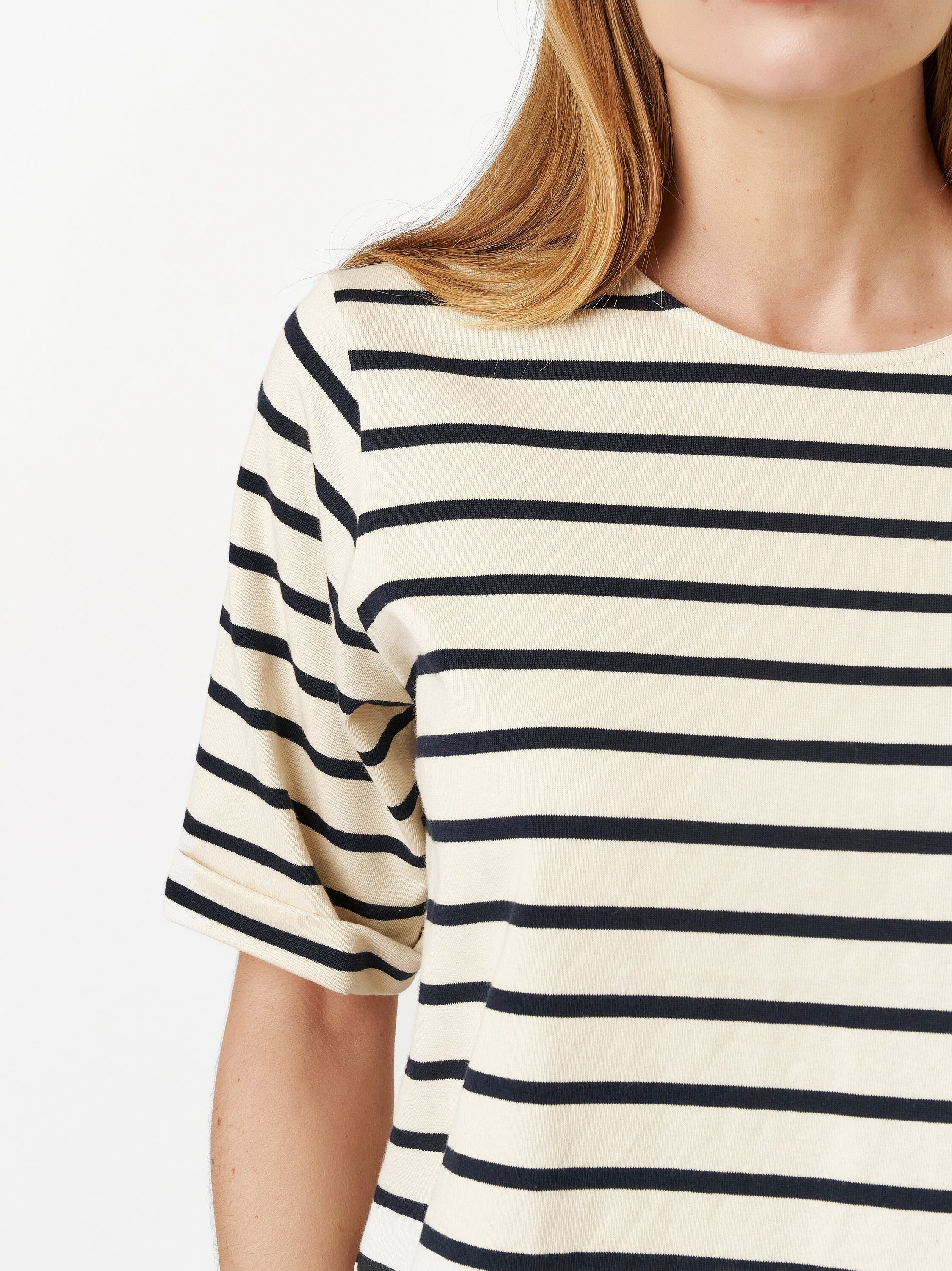 T-Shirt TONI "Dolly", Damen, Gr. 36, blau (deep ocean), Single Jersey, Obermaterial: 98% Baumwolle, 2% Elasthan, gestreift, Rundhals, Shirts T-Shirt, mit Streifendessin deep ocean 36