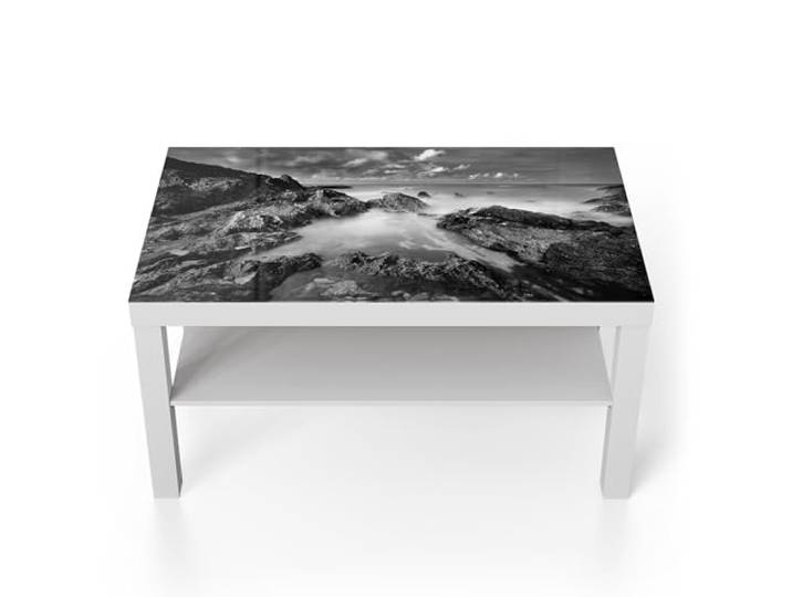 DEQORI Glastisch weiß groß 90x50 cm Motiv Küstennebelgeflüster ausgefallener Beistelltisch aus Glas Hochglanz Couchtisch fürs Wohnzimmer moderner Couch Tisch mit Design