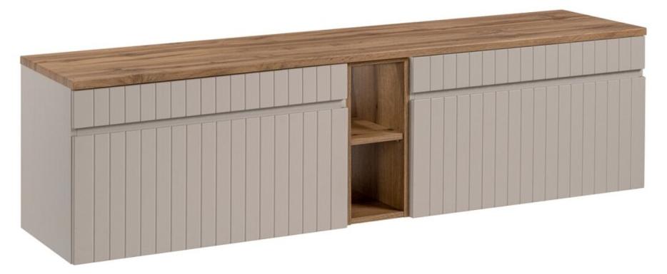 ICON Set: Waschtischunterschrank 180cm in Kaschmirfarbe mit sichtbaren Nischen in Holzoptik + Waschtischplatte in Holzoptik