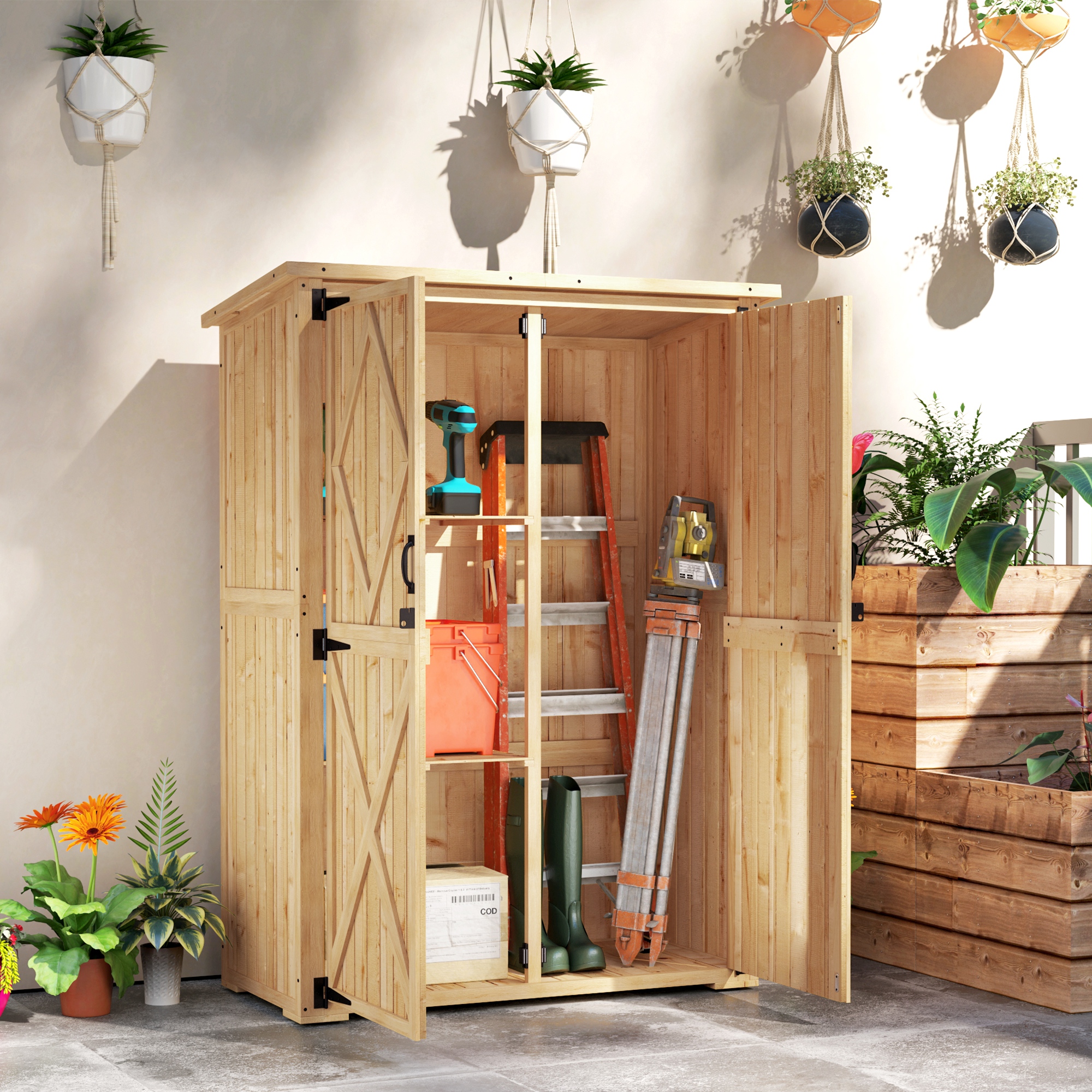 Outsunny Capanno deposito da giardino, capanno in legno per attrezzi e utensili da giardino, tetto in asfalto, porte doppie, legno di abete, marrone chiaro   Aosom Italy
