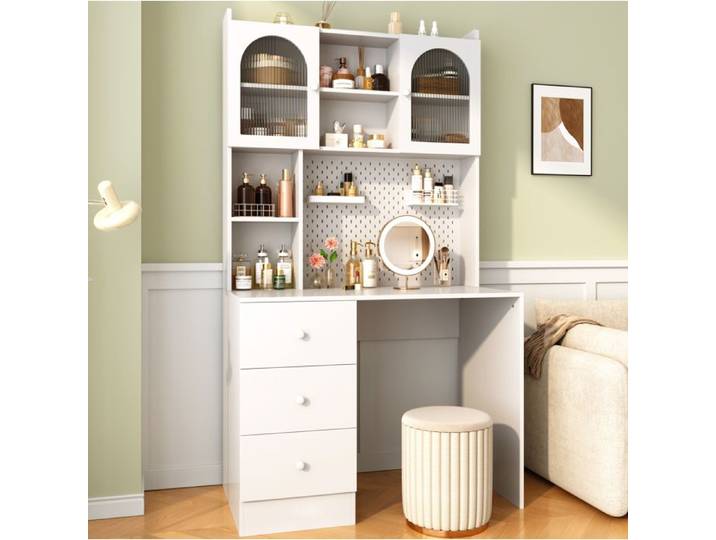 Bureau secrétaire 100 cm multifonction avec rangement intégré 3 tiroirs vitrine verre et panneau perforé JOINERY