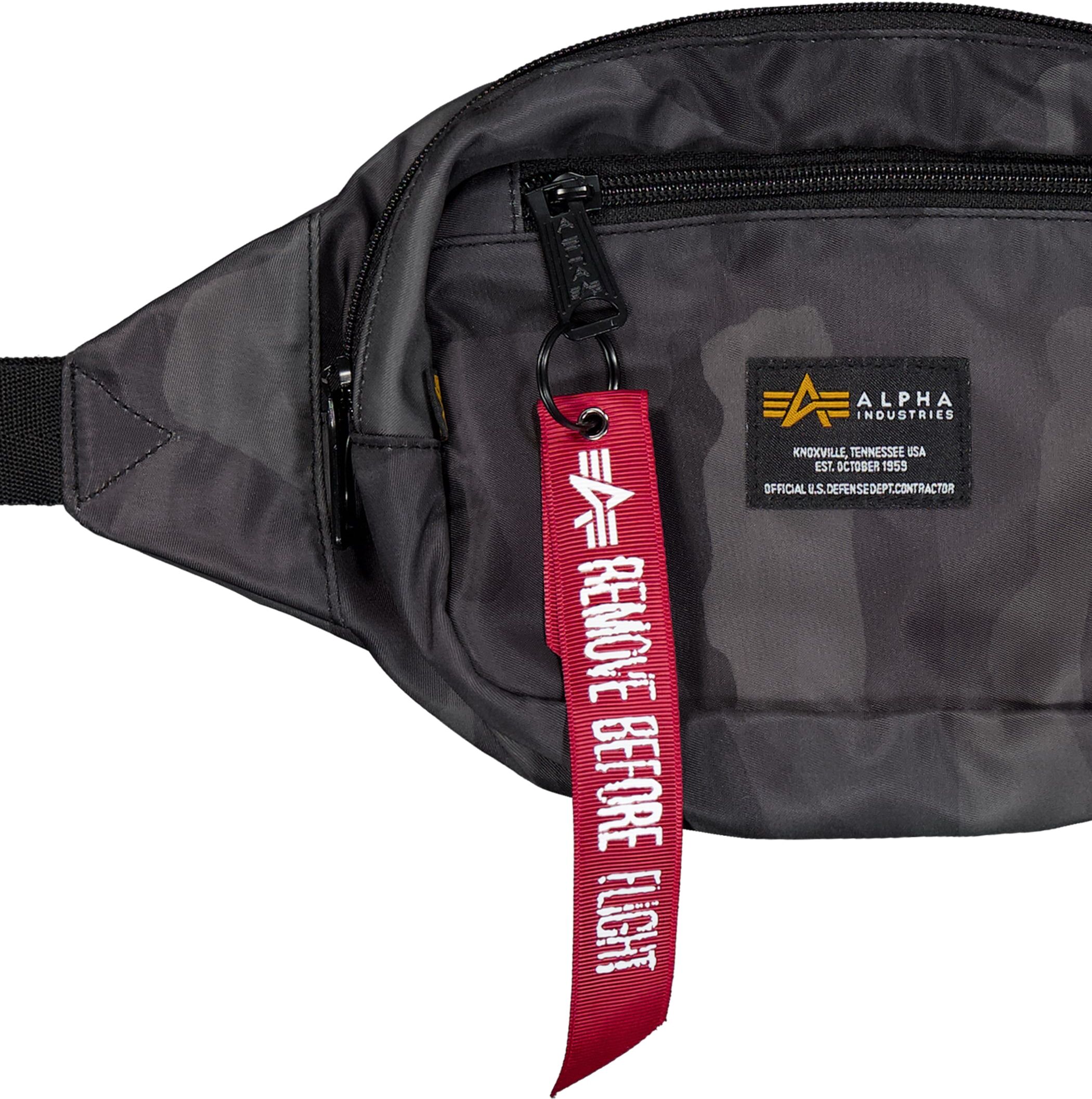 Tragetasche ALPHA INDUSTRIES "Crew Camo Waist Bag", Damen, schwarz (schwarz camo), Shell: 100% Nylon. Lining: 100% Nylon, Taschen Tragetasche
