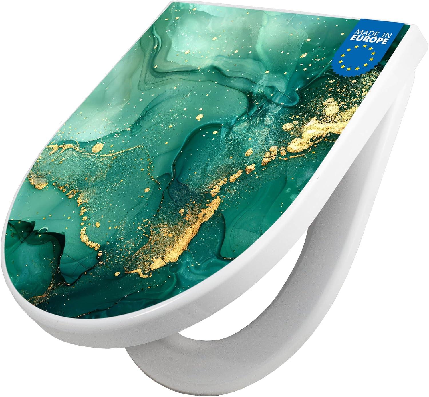 banjado WC-Sitz in D-Form mit Absenkautomatik - weißer Toilettendeckel mit Softclose, stabile Klobrille, Motiv Grüner Marmor mit Gold 1