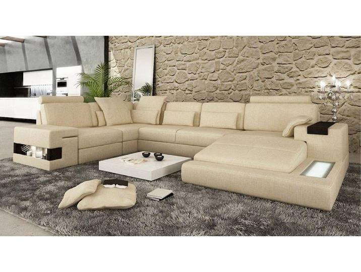 JVmoebel Wohnlandschaft Beige Eckcouch U-Form mit verstellbaren Kopfstützen, Made in Europa