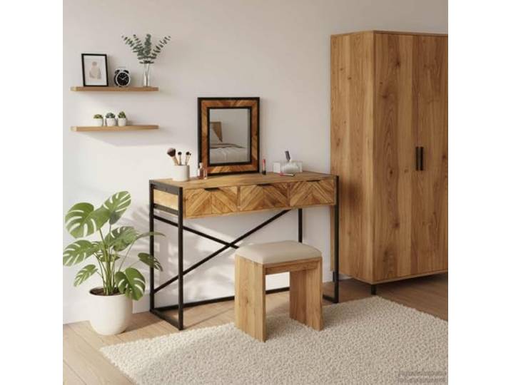 Schminktisch Braun 100 x 40 x 120 cm Massivholz Akazie mit Spiegel Massivholz Akazie, schwarzes Metallgestell, integrierter Spiegel, 2 Schubladen mit D-Griffen