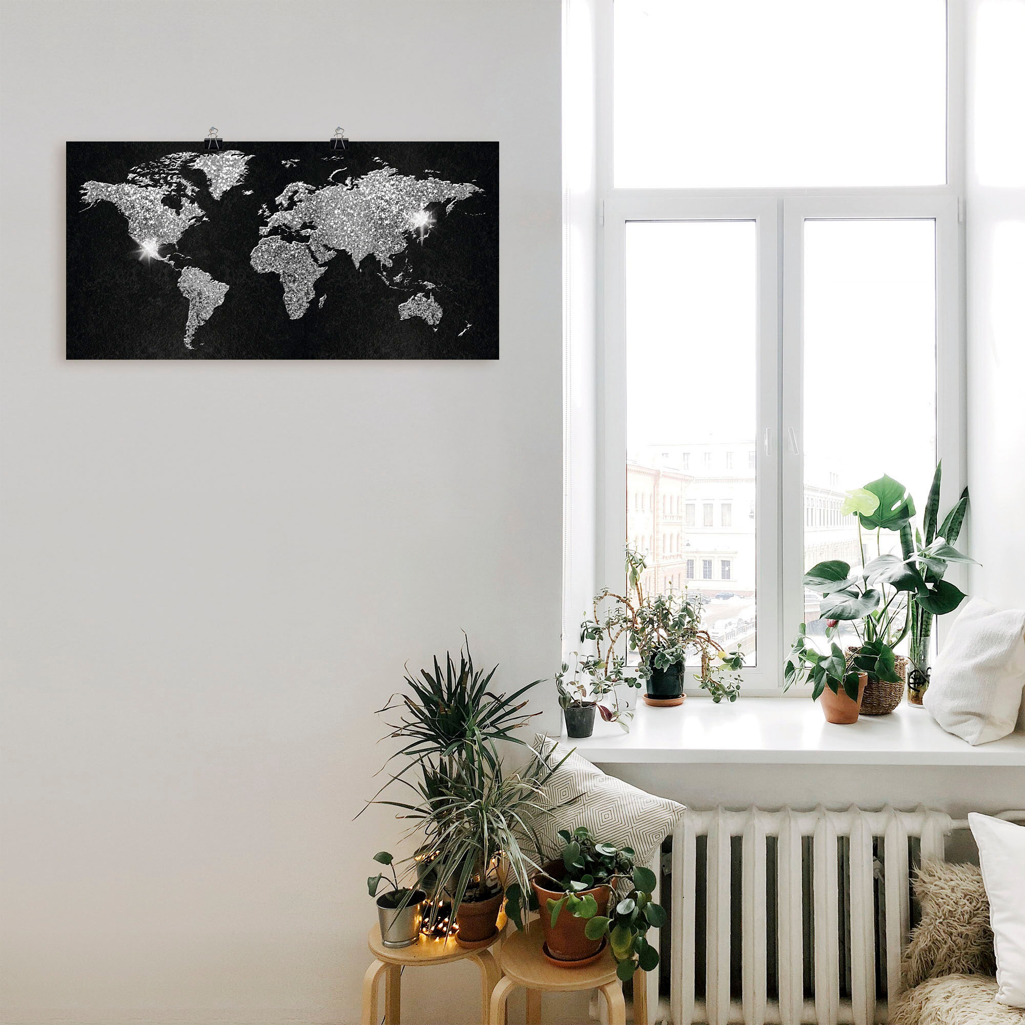 Artland "Weltkarte Glitzer" Land- & Weltkarten 1 Stk. tlg. als Alubild, Leinwandbild, Poster in verschied. Grössen farbe bild(er): schwarz B/H/T: 40cm x 20cm, Poster Land- & Weltkarten Querformat, 1 Stk.