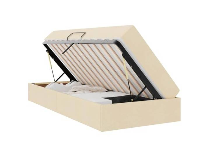 PUGYNBK Bett 90 x 200 cm mit Matratze Creme und Aufbewahrung Hydraulische Hubung, schwarzer Metallrahmen, mittlere Festigkeit, platzsparend