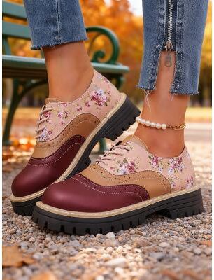 LightInthebox Women's 1970s Vintage Floral Platform Brogues – Retro Patent Faux Leather Lace-Up for Casual Outings, Street Style Day Wear