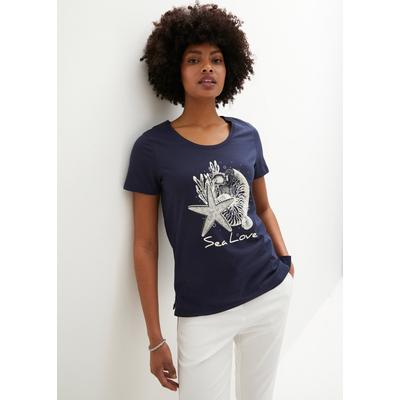 T-Shirt BONPRIX "T-Shirt Sea Love", Damen, Gr. 40/42 (M), blau (dunkelblau, cremeweiß bedruckt), Obermaterial: 100% Baumwolle, loose fit, Shirts T-Shirt, lockere Passform, Kurzarm-Design, mit maritimem Druck