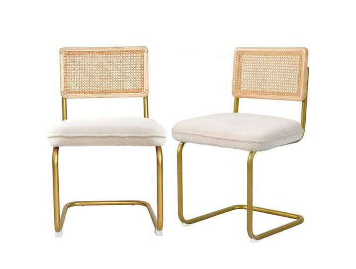 CangLong Esszimmerstühle 2er-Set Küchenstühle mit Rattanrückenlehne, Vlies-Polsterung Schwingstuhl für Esszimmer, Küche, Wohnzimmer, Creme