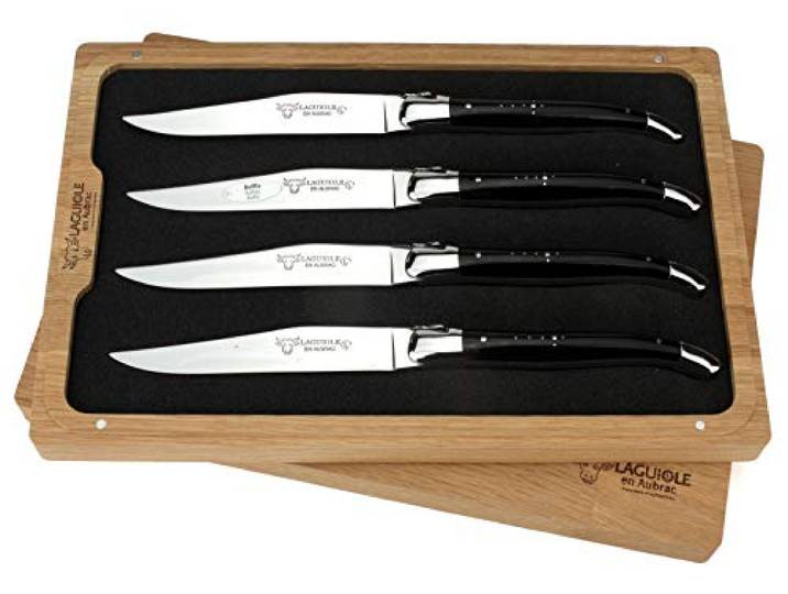 Laguiole en Aubrac - Vier französische Laguiole Steakmesser - Griff poliertes Büffelhorn - Edle Tafelmesser