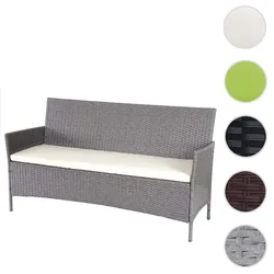 3-Sitzer Poly-Rattan Gartenbank Halden, Sitzbank ~ grau, Kissen creme