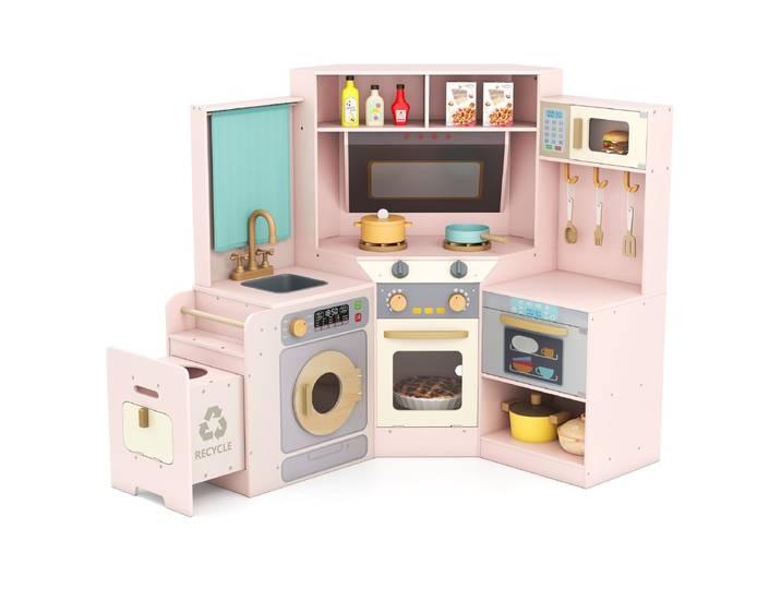 Een Hoekkeuken met Licht- en Geluidseffecten een Interactieve Houten Keuken-Roze