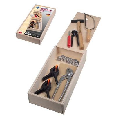 PEBARO 460 - Qualitäts-Werkzeugbox, 16 Teile, Holz-Werkzeugkasten mit Schiebedeckel