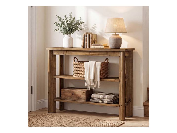 Tribesigns Konsolentisch Massivholz Konsolentisch 105 cm mit 3 Regalen, Rustikaler Flurtisch