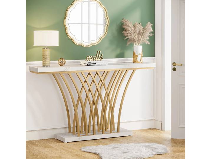 Tribesigns Table console dorée de 59 pouces, table d'entrée moderne avec base en métal en forme de grille pour entrée, couloir, entrée